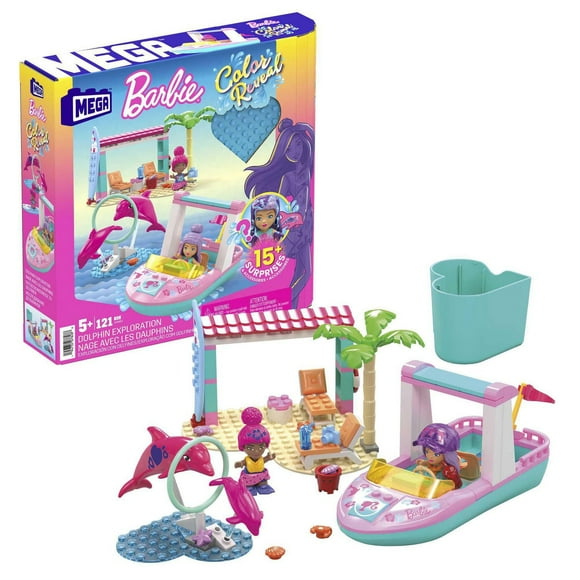 MEGA Barbie Color Reveal Dolphin Exploration Building Toy with 15 Surprises (121 Pieces)