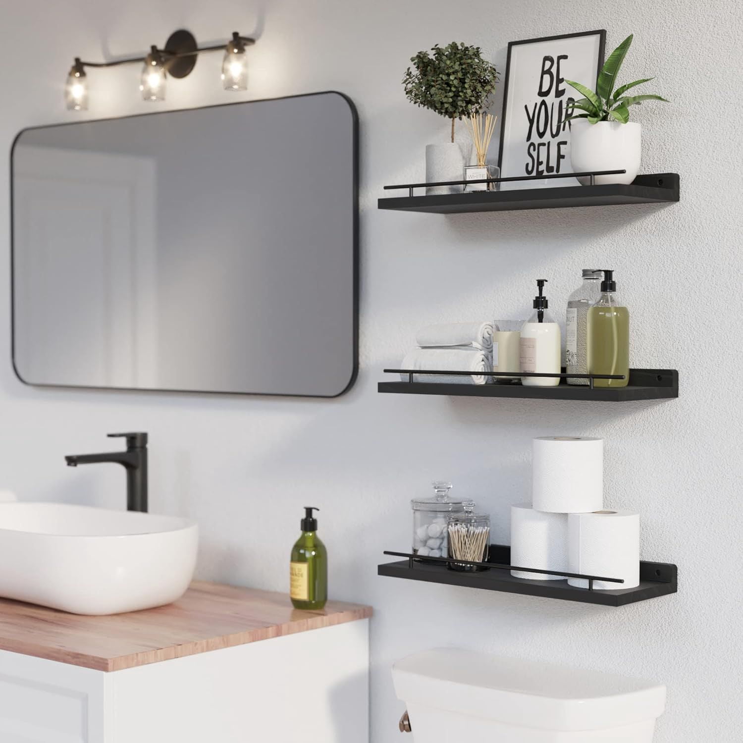 3-Piece Set Floating Shelving Unit With Black Metal Railing, Suitable For Bedrooms, Bathrooms, Kitchens, Living Rooms, Black