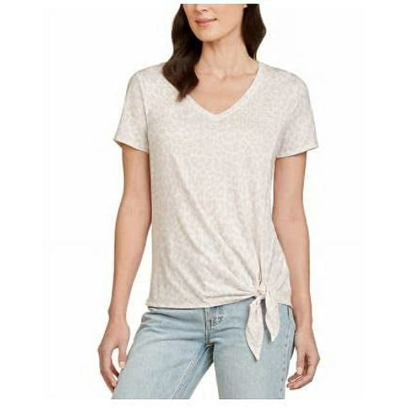 Matty M Ladies' V-Neck Side Tie Tee (Natural Cheetah, Small)
