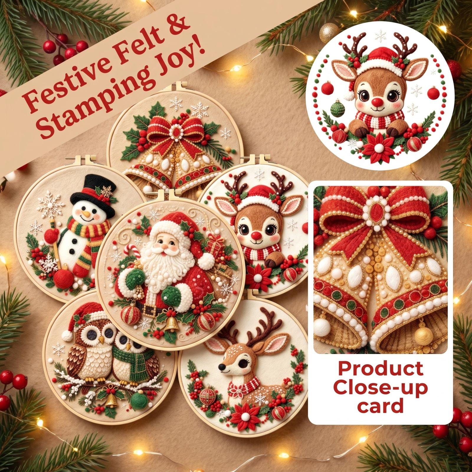 MInHoues Christmas 3D Felt Punch Needle DIY Art Kit Christmas-Themed Patterns Punch‑Embroidery Craft Set Holiday Hand‑Making Supplies for Xmas Home Decoration Reindeer