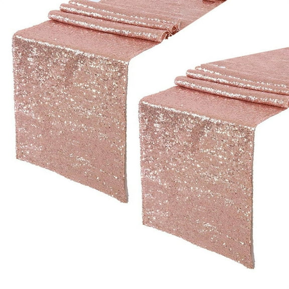 2X Sparkly Rose Gold Sequin Table Runners 12X71 Inch Shimmer Table for Wedding Anniversary Birthday Table Cloth