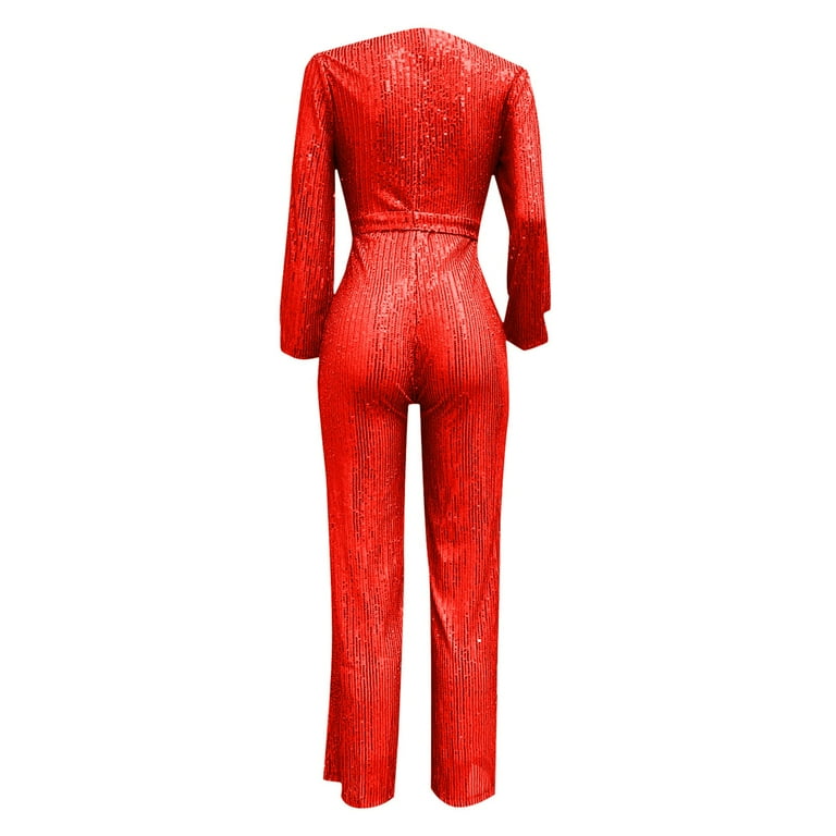 Jumpsuits for Women Casual Jumpsuit Long Sleeve Belted Sequin Jumpsuit womens jumpsuit Overalls for Women Rompers for Women Color Red Size S