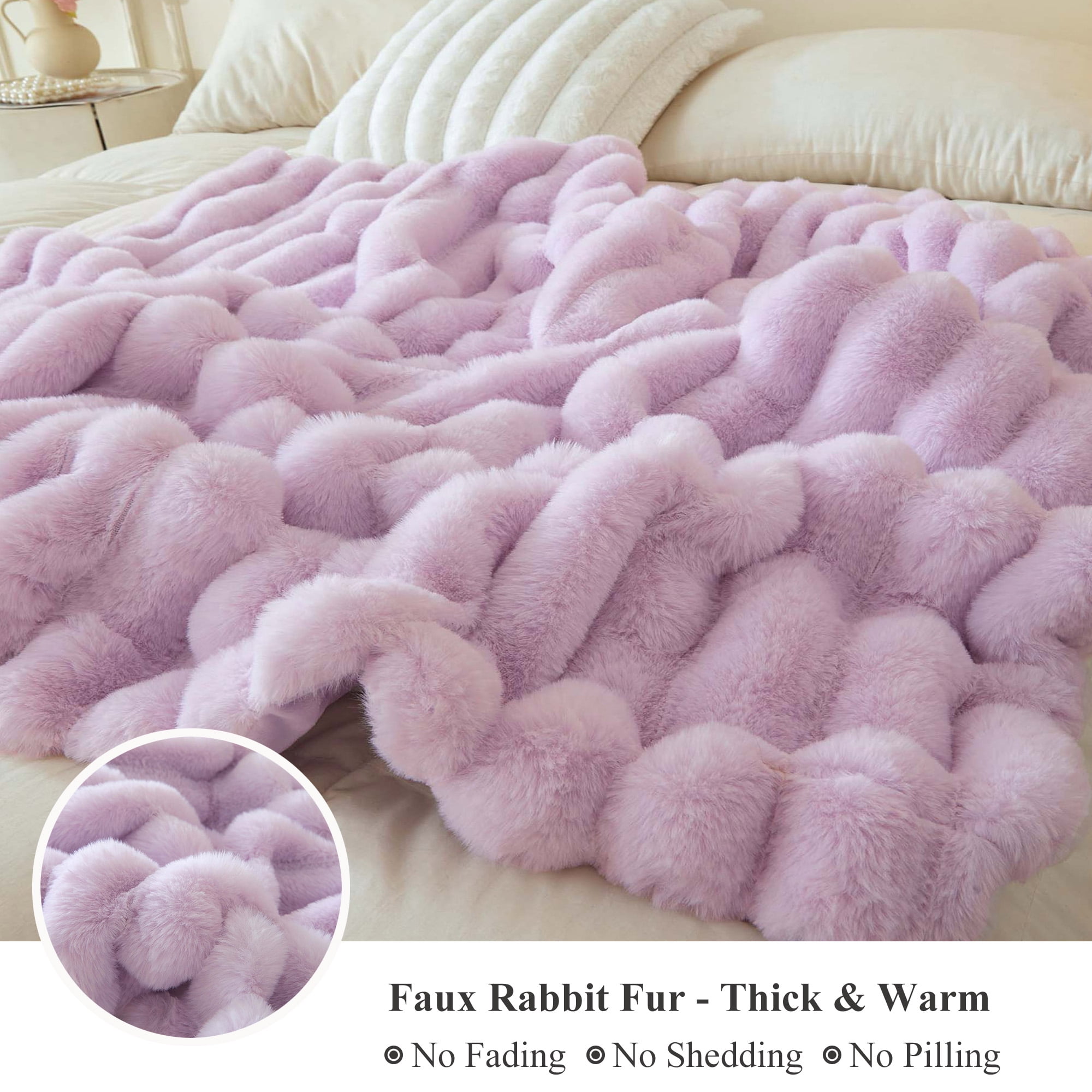 XeGe Fluffy Faux Rabbit Fur Bed Blanket, Soft Wide Stripe Plush Fuzzy Throw for Couch Sofa, Light Purple Shaggy Throw Bedroom Living Room, Large Furry Blanket for Kids Girls Adults, 60x90, Lavender