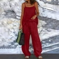 thumbnail image 3 of Bloomae 2 Piece Linen Sets for Women Summer Casual Sleeveless Lounge Spaghetti Strap Top Loose Wide Leg Pants with Pockets Set Trendy Vacation Beach Vacation Travel Outfits Red XXL, 3 of 7