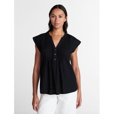 Time and Tru Women's Linen Blend Pintuck Top with Short Sleeves, Size XS-XXXL