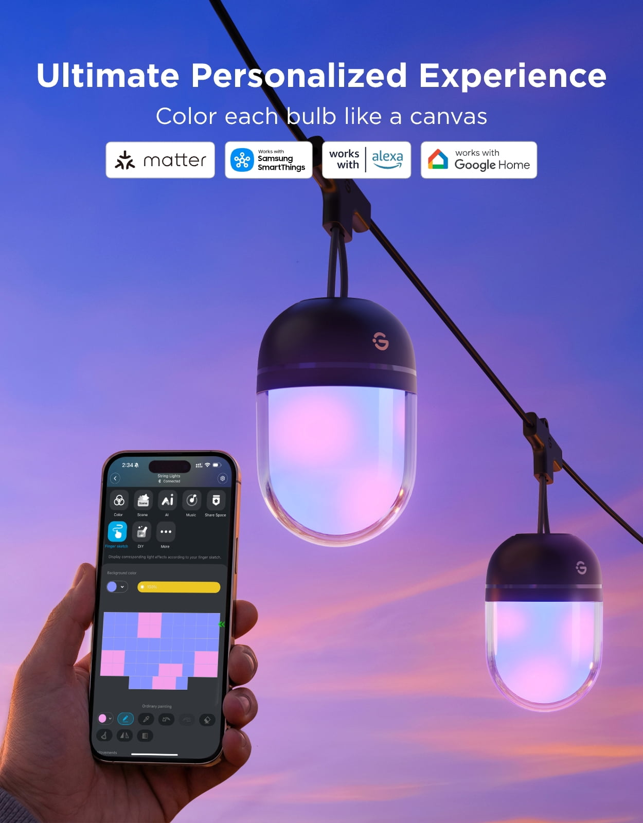 Govee Outdoor Chromatic String Lights, 65.6ft RGBIC Outdoor Lights, 55 RGB LEDs per Bulb, Uni-IC Control, 111+ Scenes, IP67 Waterproof, String lights compatible with Alexa, Google, Matter, App