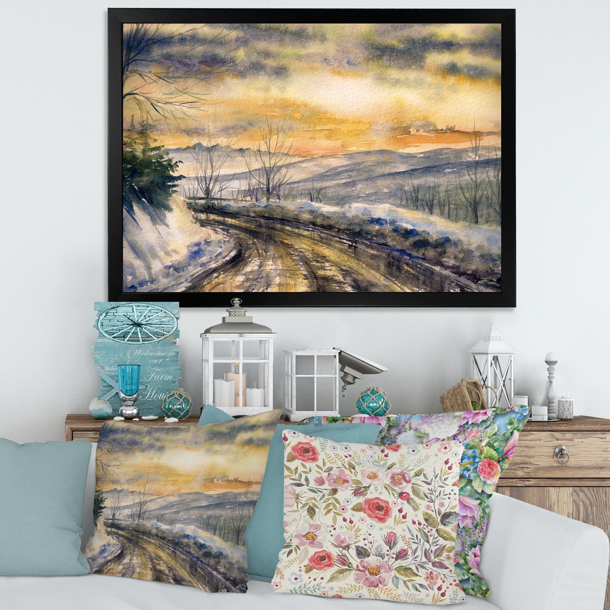Designart 'Road Under Bright Sunset With Winter Landscape' Traditional Framed Art Print
