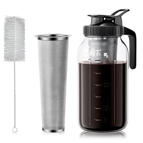 VA1KENE 64oz Cold Brew Coffee Pitcher Ice Coffee Maker with Spout, Handle & Stainless Steel Filter Coffee Maker with lid for Home Kitchen-Black