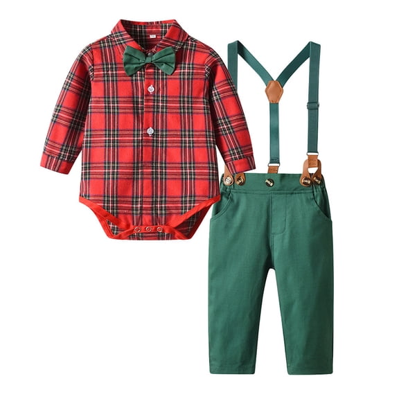 Kids Boy Red Festive 3-Piece Tartan Plaid Onesie with Suspender Pants & Bow Tie - 100% Cotton, 3 Months to 3 Years (3M-3Y),Size 2 T