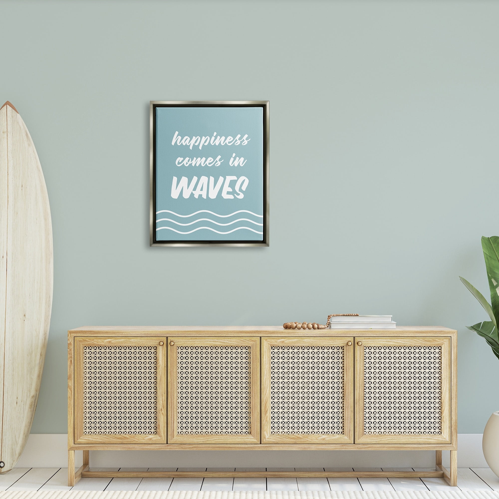 Stupell Industries Happiness Beach Water Waves Uplifting Cursive Phrase Graphic Art Luster Gray Floating Framed Canvas Print Wall Art, Design by Lettered and Lined