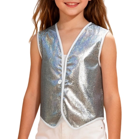 MEZZALL Kids Girls Sequin Vests Elegant One Button Sleeveless Jacket For Stage Performance And Casual Wear Birthday Outerwear Tops Coats