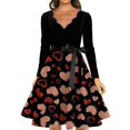 thumbnail image 3 of Valentine's Day Dresses for Women Long Sleev Vintage Floral Print V-Neck A-Line Cocktail Party Dress with Belt Dark Gray M, 3 of 4