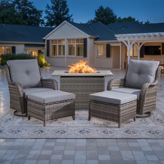 Gymojoy 5-Piece High Back Outdoor Wicker Conversation Set with Swivel Chairs, Ottoman & 50,000 BTU Fire Pit Table - Patio Furniture Set for Deck, Porch, Poolside