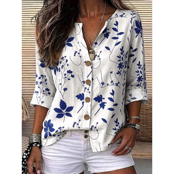 Women's Botanical Floral Print Blouse V-Neck Button Down 3/4 Sleeve Loose Fit Curved Hem Top for Spring Summer Fall Layering Vacation Daily Outfits