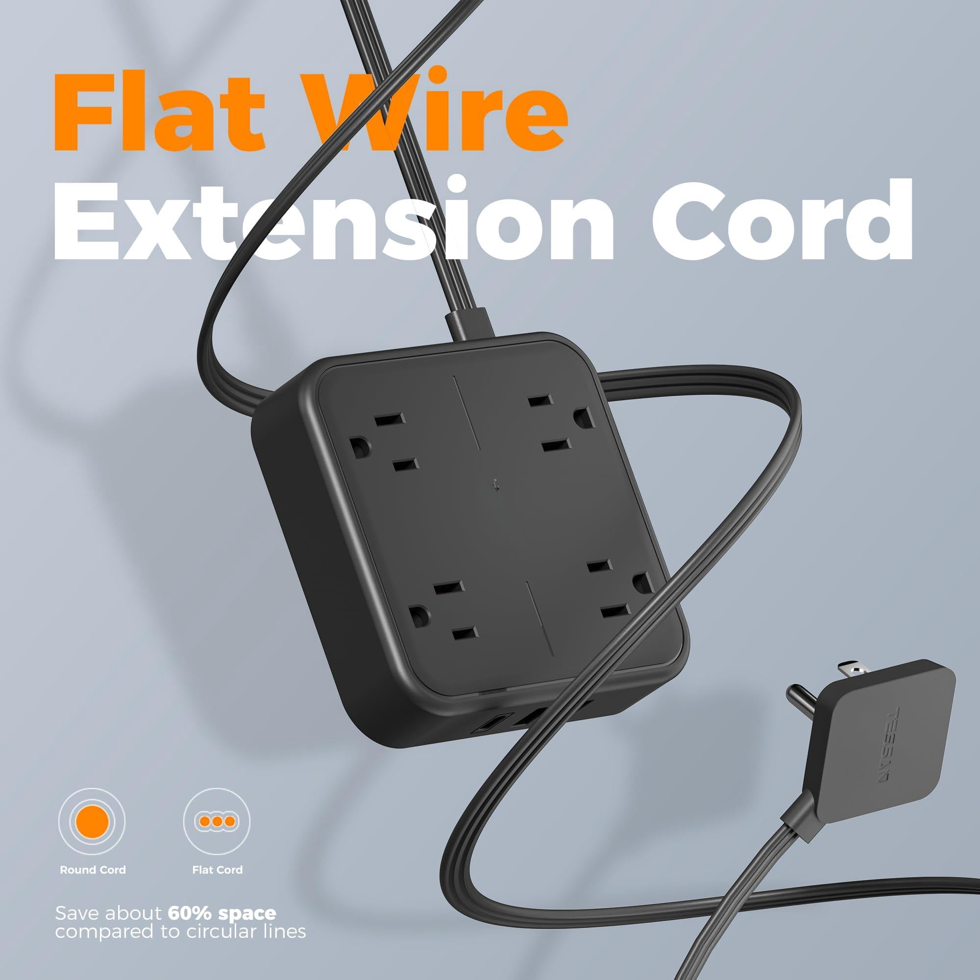 Surge Protector Flat Extension Cord 5ft  Plug Power Strip With 4 Outlets 3 Usb Ports (1 C) 900 Joules Protection Multiple Wall Outlet Extender Suitable For Home Office Dorm Black