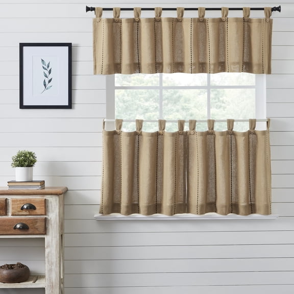 VHC Brands Stitched Burlap 3 PC Natural Curtain Set (1 Valance 16x72 and 2 Tier 24x36)