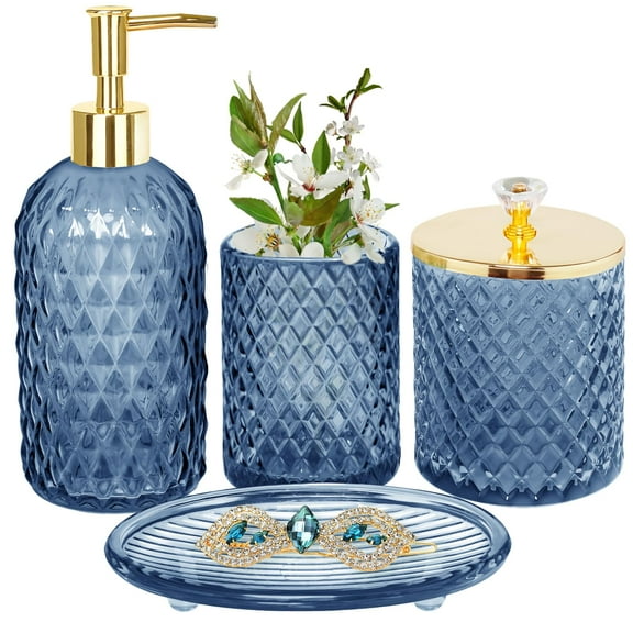 Blue Bathroom Accessories Set, 4Pcs Glass Bathroom Accessory Set Complete w/Lotion Soap Dispenser, Toothbrush Holder, Qtip Holder, Soap Dish, Gold Bathroom Decor Sets, Gift for Home Apartment