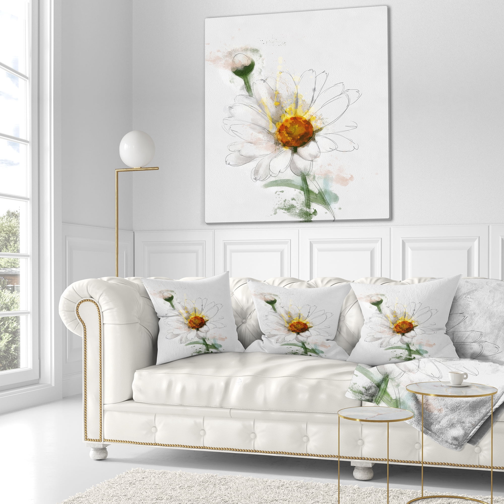 Designart Hand drawn Watercolor Chamomile - Floral Throw Pillow - 18x18