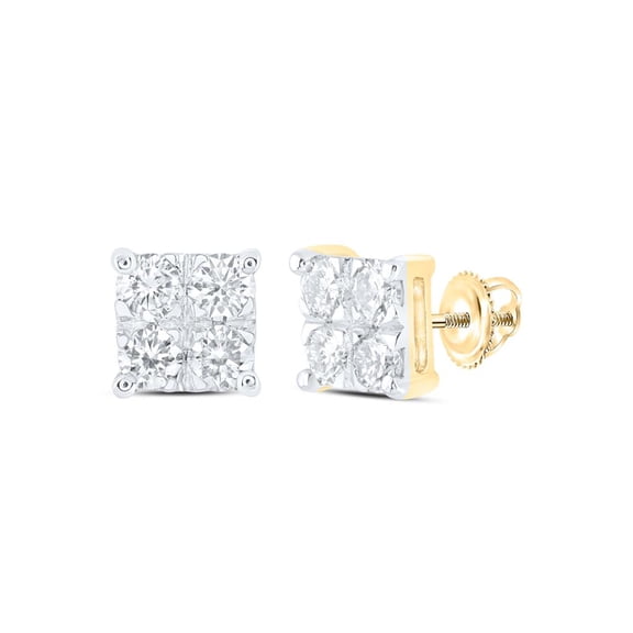 10K Yellow Gold Real Quad Round Diamond Unisex 7mm Square Stud Earrings 1/2 CT