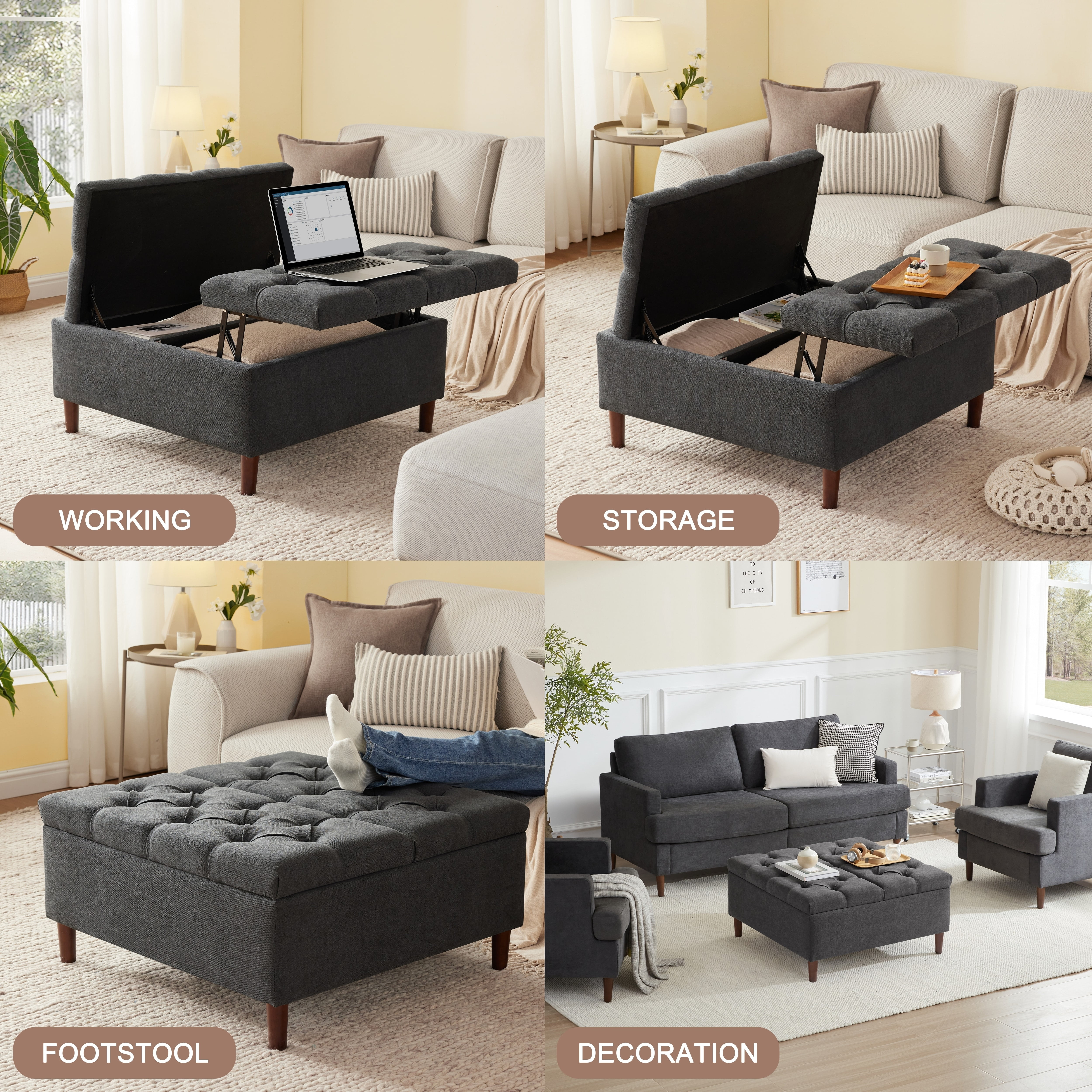 Weture Tufted Modern Ottomans, Fabric Dark Gray, 34.60 x 34.60 x 17.70 in, 54.45 lb