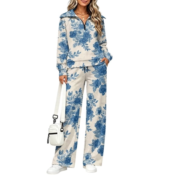 Women's 2 Piece Outfits Tracksuit Matching Lounge Set, 3XL, Long Sleeve Half Zip Sweatshirt, Wide Leg Pants, Fall Fashion Sweatsuits, Airport Tracksuit, Pockets, Vintage Blue Rose