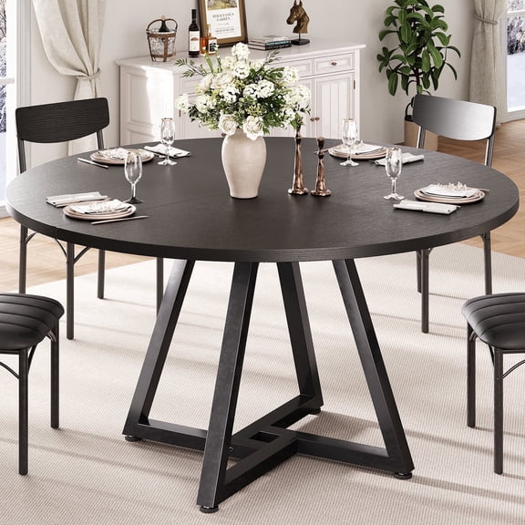 Anyact 47in Round Dining Table, Circle Dinner Table Pedestal Metal Frame, Kitcen Table Sturdy Wood Kitchen & Dining Room Furniture, Black(Only Table)