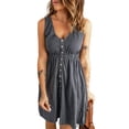 thumbnail image 1 of Vestido de verano de una sola botonadura con escote en V y cintura elástica, estilo sin mangas para mujer, 1 of 5