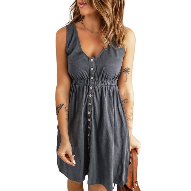 Vestido de verano de una sola botonadura con escote en V y cintura elástica, estilo sin mangas para mujer