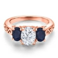 thumbnail image 3 of Gem Stone King 18K Rose Gold Plated Silver White Moissanite and Blue Sapphire Filigree Style 3 Stone Ring for Women (2.61 Cttw, Oval 8X6MM and 6X4MM) (Size 7), 3 of 6