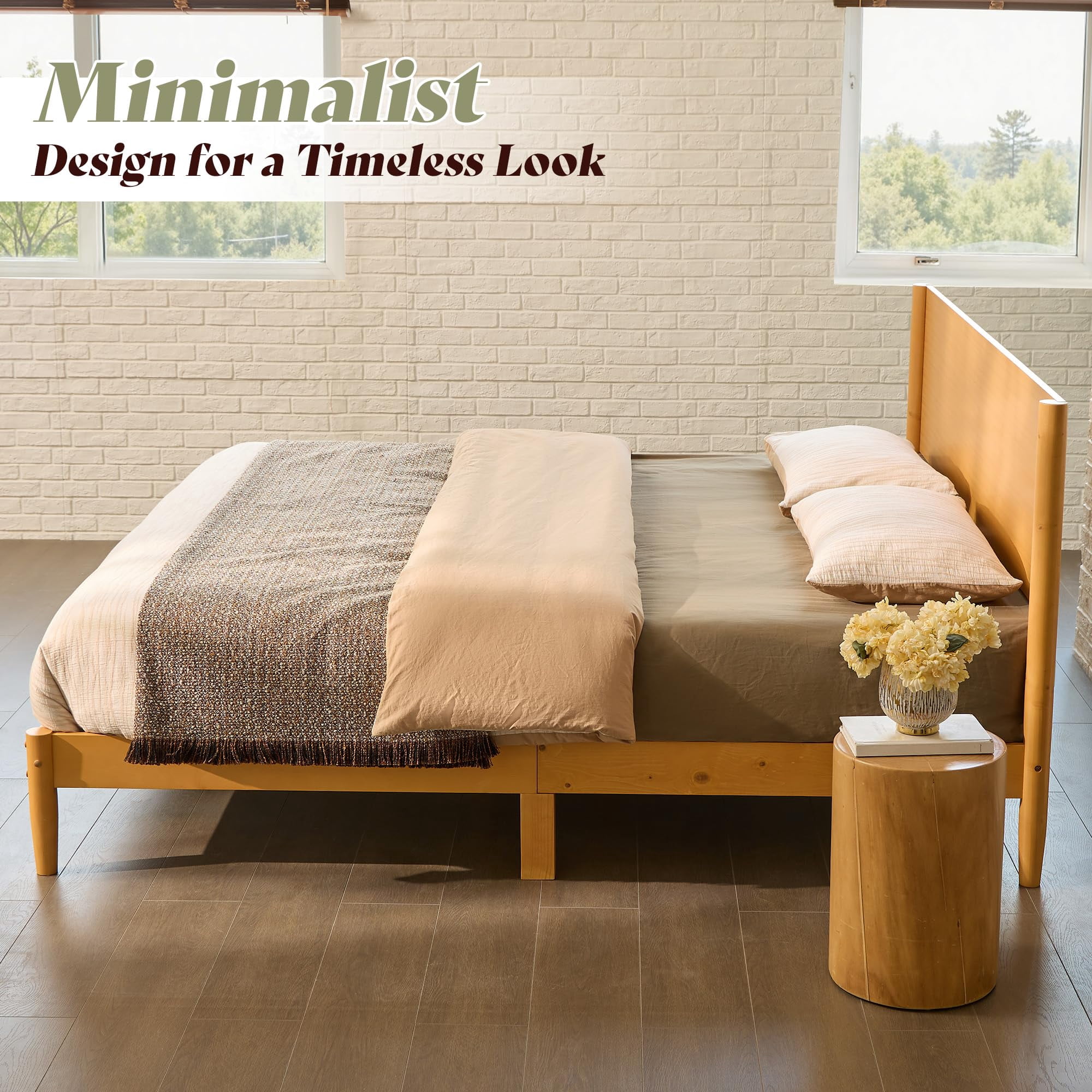 Merluxy Solid Wood Full Size Bed Frame, Mid Century Modern Bed with Full Panel Headboard, Under-Bed Storage, Natural Wood