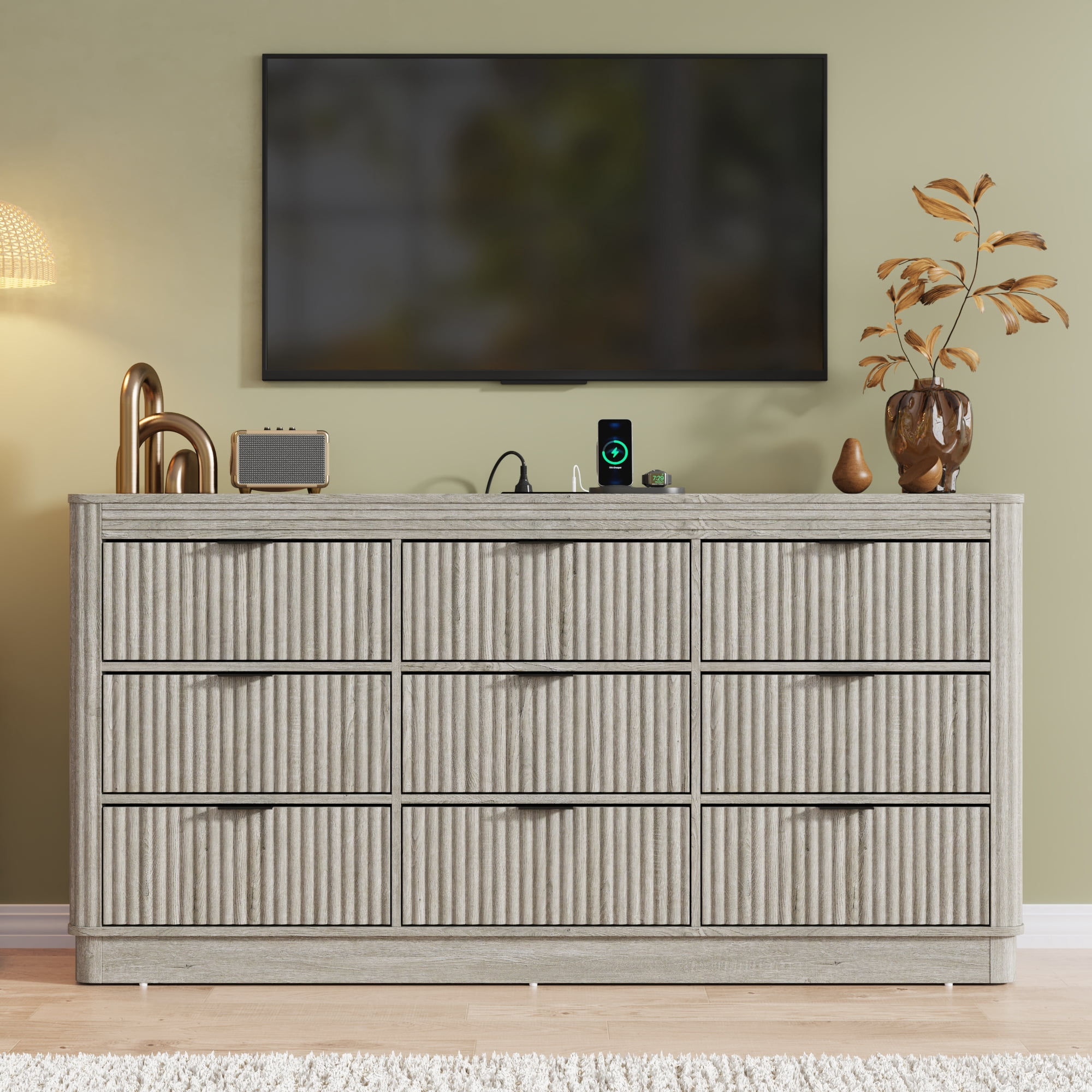 Blotout Fluted 9 Drawers Dresser for Bedroom, 63'' W Chest of Drawers with Power Outlet&Metal Handle, Fluted Fronts, Modern Dresser TV Stand, Wood Clothes Storage Organizer for Living Room, Hallway