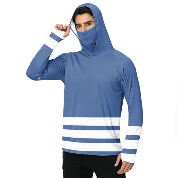 LTTVQM Adult Mens Loose Fit Cooling Sun Hoodie UPF 50 Simple Horizontal Two Tone Stripe Print Built-in Neck Shield Long Sleeve Kayaking Lake Fishing Outfit Royal Blue L