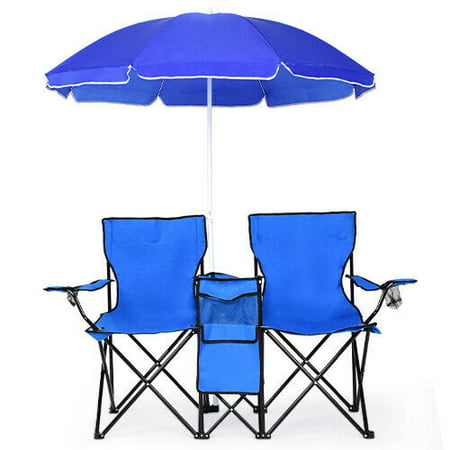 Costway Portable Folding Picnic Double Chair W/Umbrella Table Cooler Beach Camping