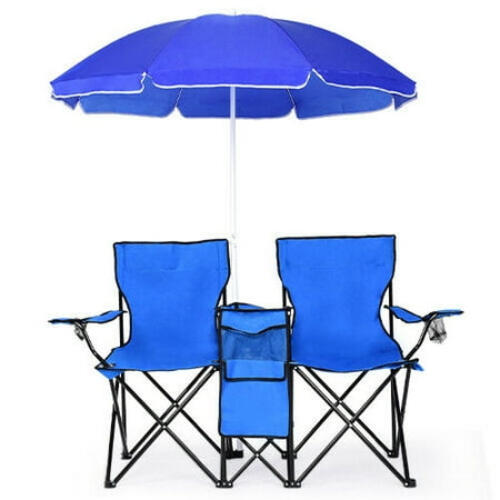 Two Person Beach Chair Costway Portable Folding Picnic Double Chair W/Umbrella Table Cooler Beach Camping Chair ()