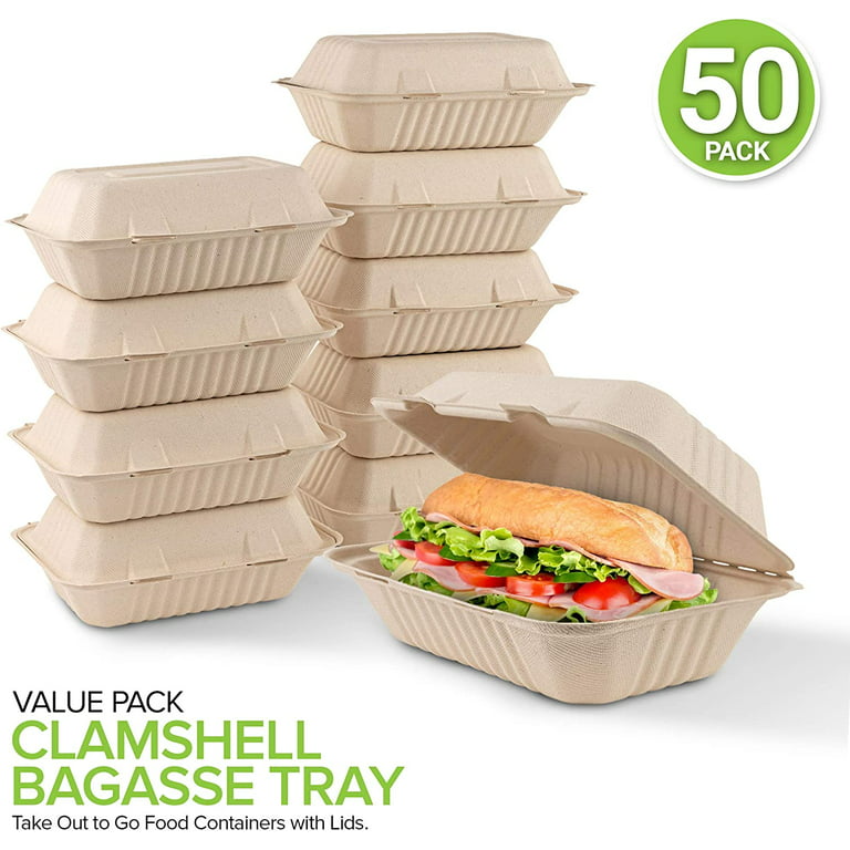 STOCKYOURHOME Bagasse Clamshell Takeout Containers, Biodegradable Eco  Friendly Take Out to Go Food Containers with Lids for Lunch Leftover Meal  Prep Storage, Microwave and Freezer Safe, 9x6, 50 Pack 