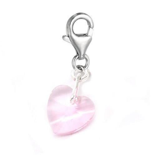 Clip on Pink Crystal Glass Heart Charm Pendant for European Jewelry w/ Lobster Clasp