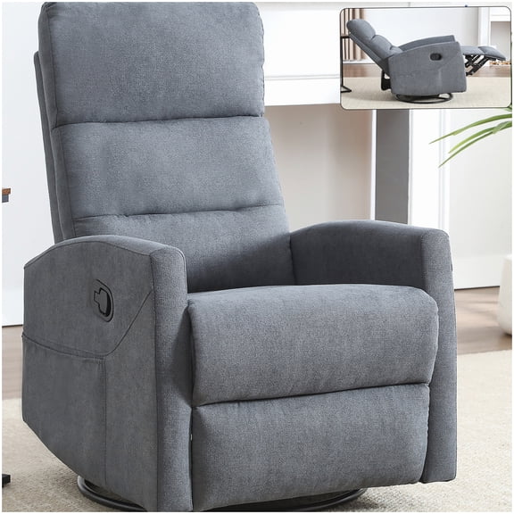 MANGIJOY 360° Swivel Rocking Recliner Chair, Manual Recline with Grey Fabric Cover