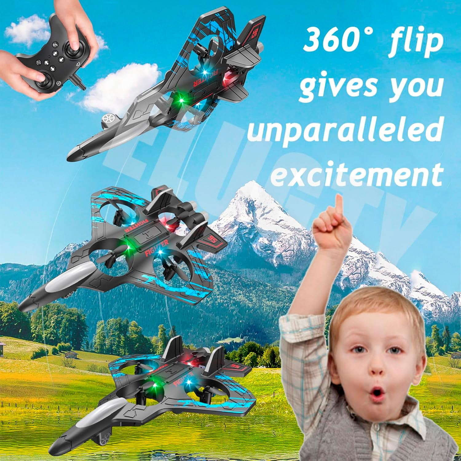 2025 New Christmas Remote Control Helicopter, Morereinforce Official - Morere Inforce Remote Control Airplane Fighter, Remote Control Fighter Jet Model Toy with LED Lights (Gravity Remote,Blue)