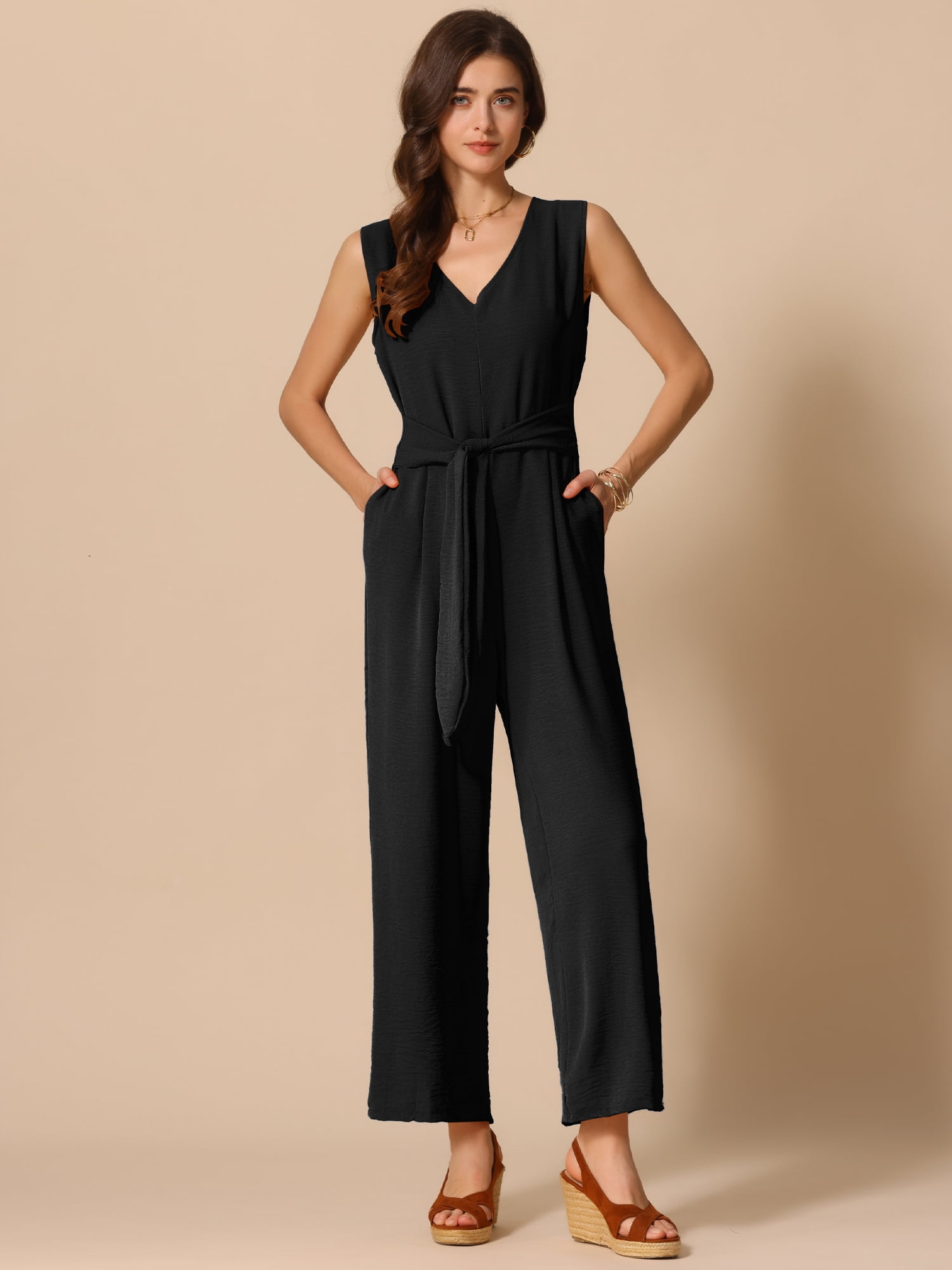 DARING DIVA Women's V Neck Casual Sleeveless Wide Leg Jumpsuit L Black