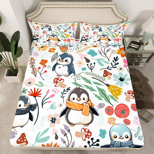 Cute Penguin Full Bed Sheets for Boys,Mushroom Floral Sheets Cartoon ...