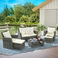 thumbnail image 3 of 6-Piece All Weather Wicker Patio Furniture Set with Glass Coffee Table, Outdoor Sectional Sofa & Ottomans, Waterproof Cushions for Garden Lawn Balcony, Beige, 3 of 9