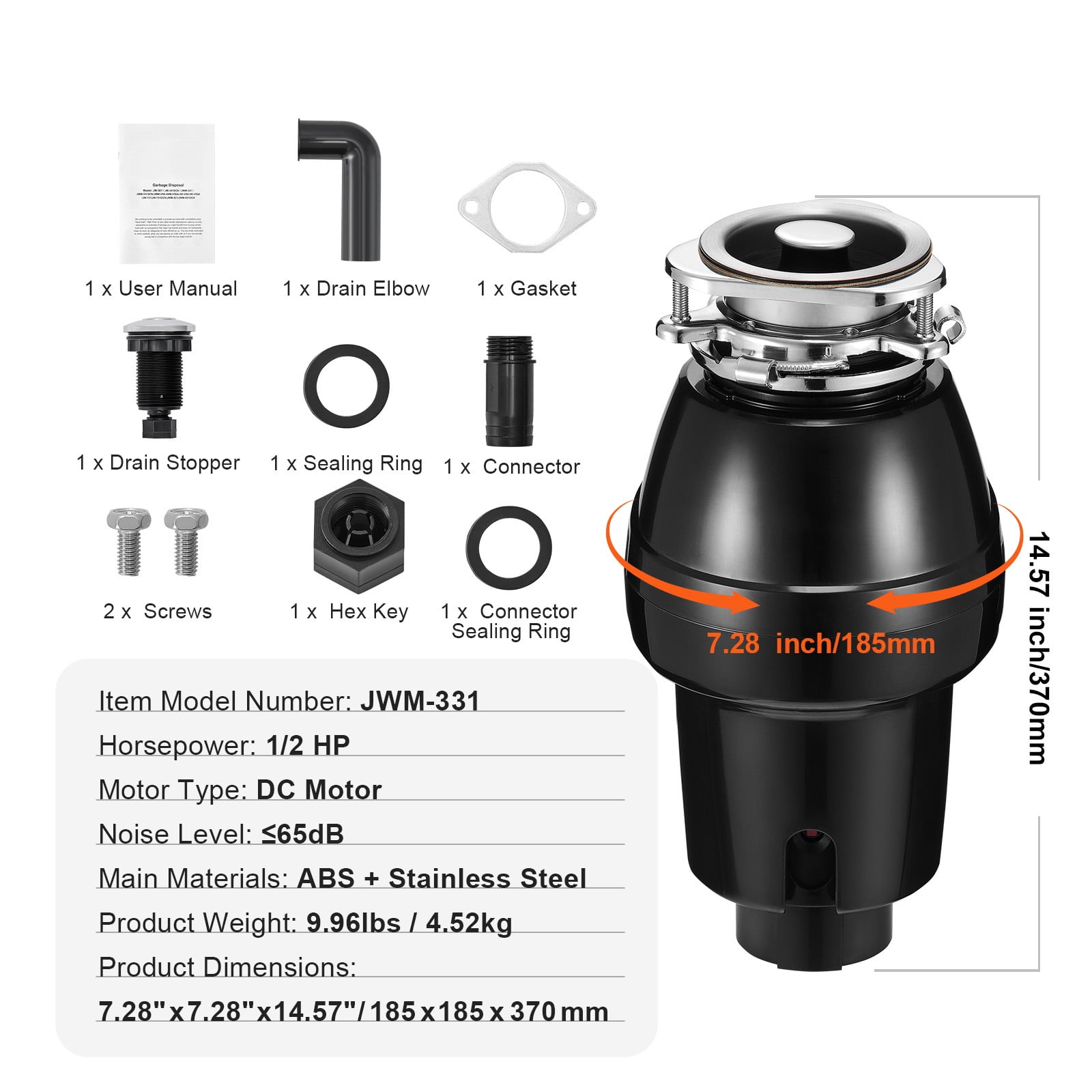 KFFKFF Garbage Disposal, 1/2 HP 3450RPM Constant Operation Food Refuse Device, 3-Bolt Attachment Food Scraps Pulverizing System with Noise Diminishing, Electric Cable & Splash Protector