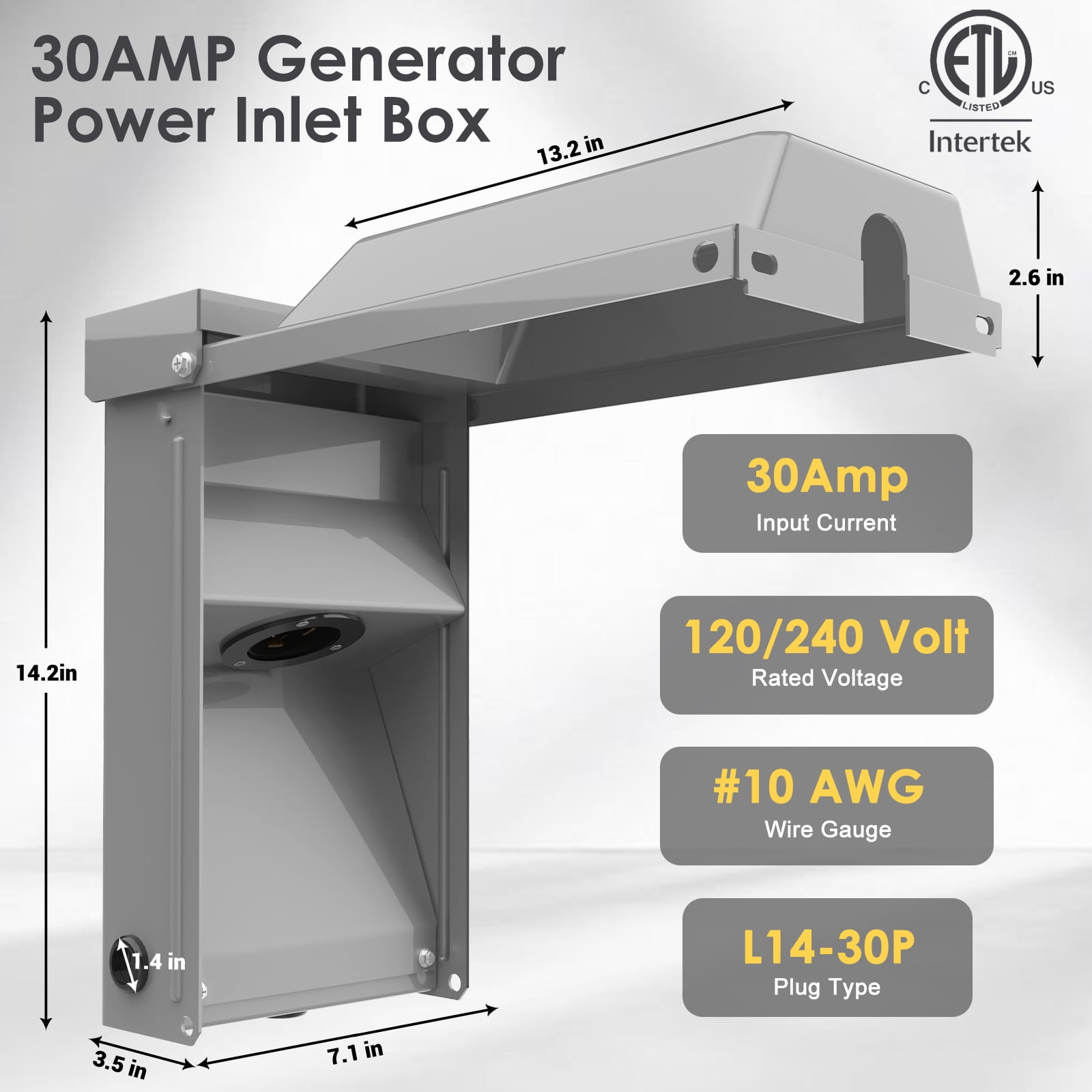 Pre-Drilled 3R Heavy Duty Generator Inlet Box, 30Amp NEMA L14-30P Power Inlet Box, for 4-Prong Generator Cord, 125/250V,3750/7500W, ETL Listed, Waterproof for Outdoor Use