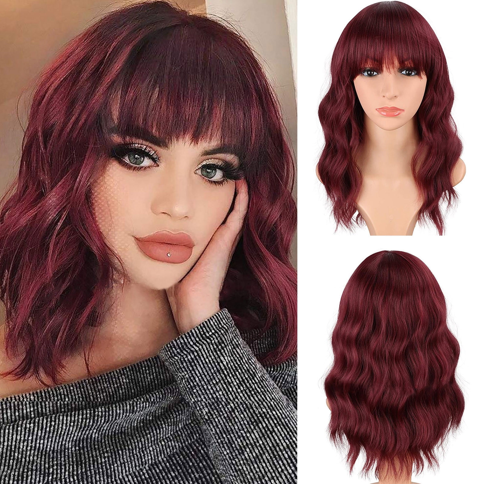 TANGNADE Human Hair Wigs For Women Black Color Natural Lace Hair Short  Curly Bangs Chemical Fiber Wig Bright Red Cos Headgear 
