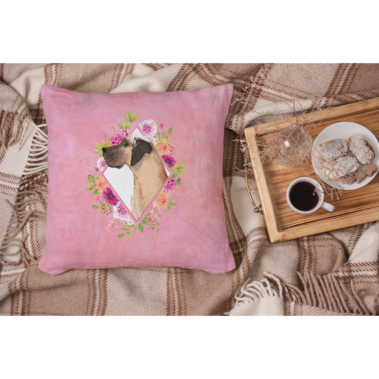Carolines Treasures CK4234PW1414 Fawn Great Dane Pink Flowers Fabric Decorative Pillow 14Hx14W multicolor