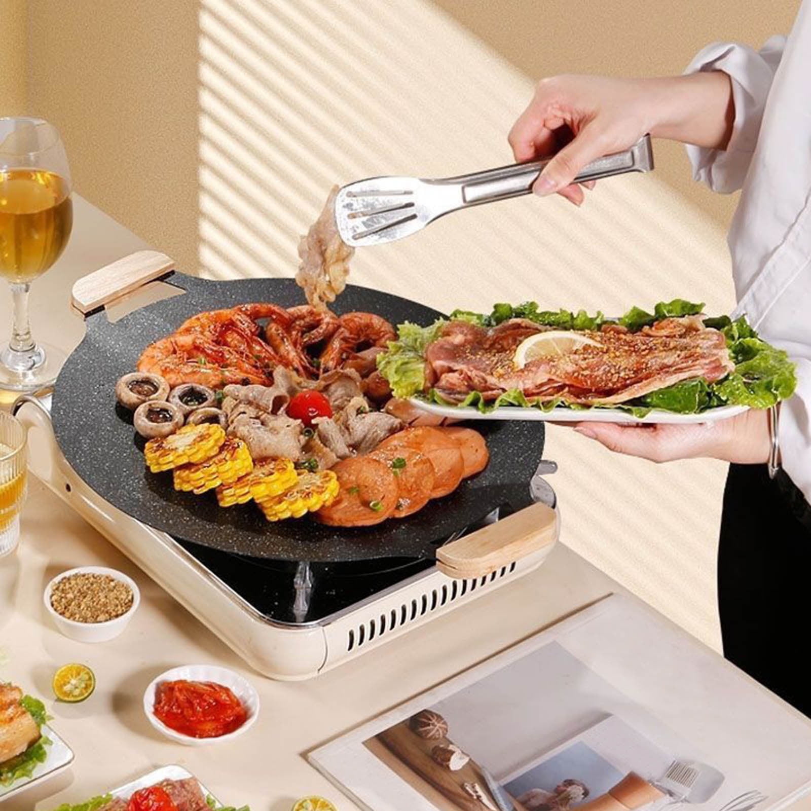 Cast Iron Korean BBQ Grill Pan – Non-Stick Round Griddle for Indoor/Outdoor Cooking, Baking, Camping, and Grilling