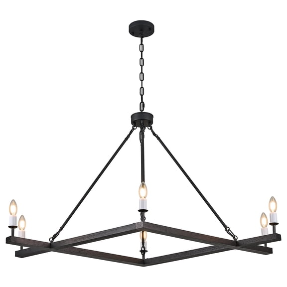 Rustic Black Farmhouse L45" Wood Chandelier Unique Square 6-Light Candle Long Ceiling Pendant Lighting for Living Dining Room Foyer Kitchen Bedroom High Ceiling,E12