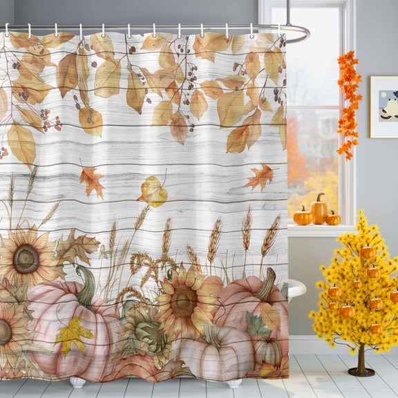 Shower Curtain 48"W x 72"L Fall Thanksgiving Watercolor Pink Pumpkins Sunflowers Leaves White Wood Grain Fabric Shower Curtains Set with Hooks Bathroom Curtains Machine Washable Bathroom Accessories