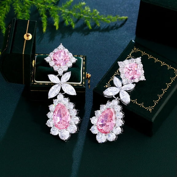 Pink CZ Long Square Round Leaf Dangle Drop Earrings Charming Women Party Jewelry