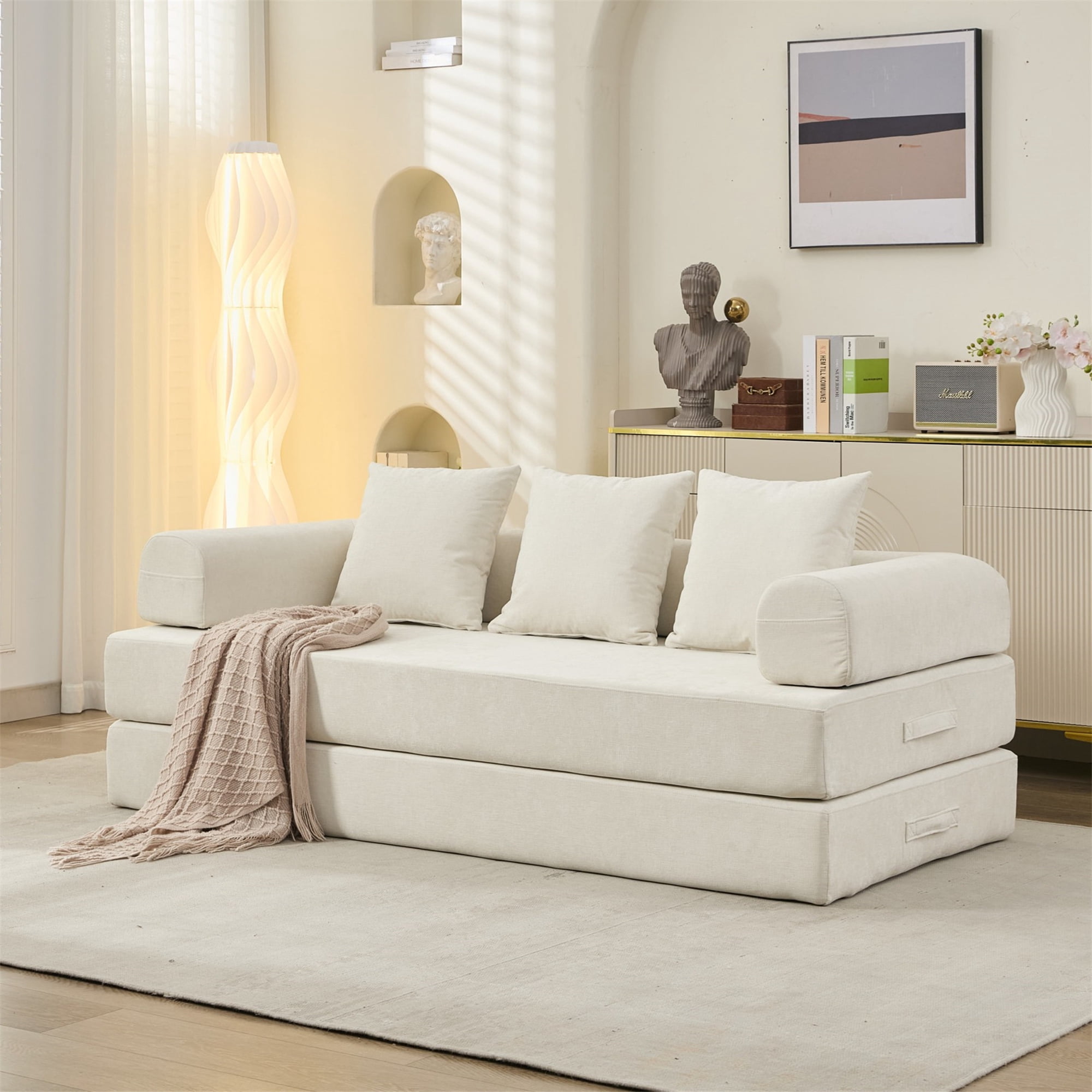 Aukfa Convertible Sleeper Sofa Bed King Floor Futon Couch for Living Room Bedroom, Chenille, Beige